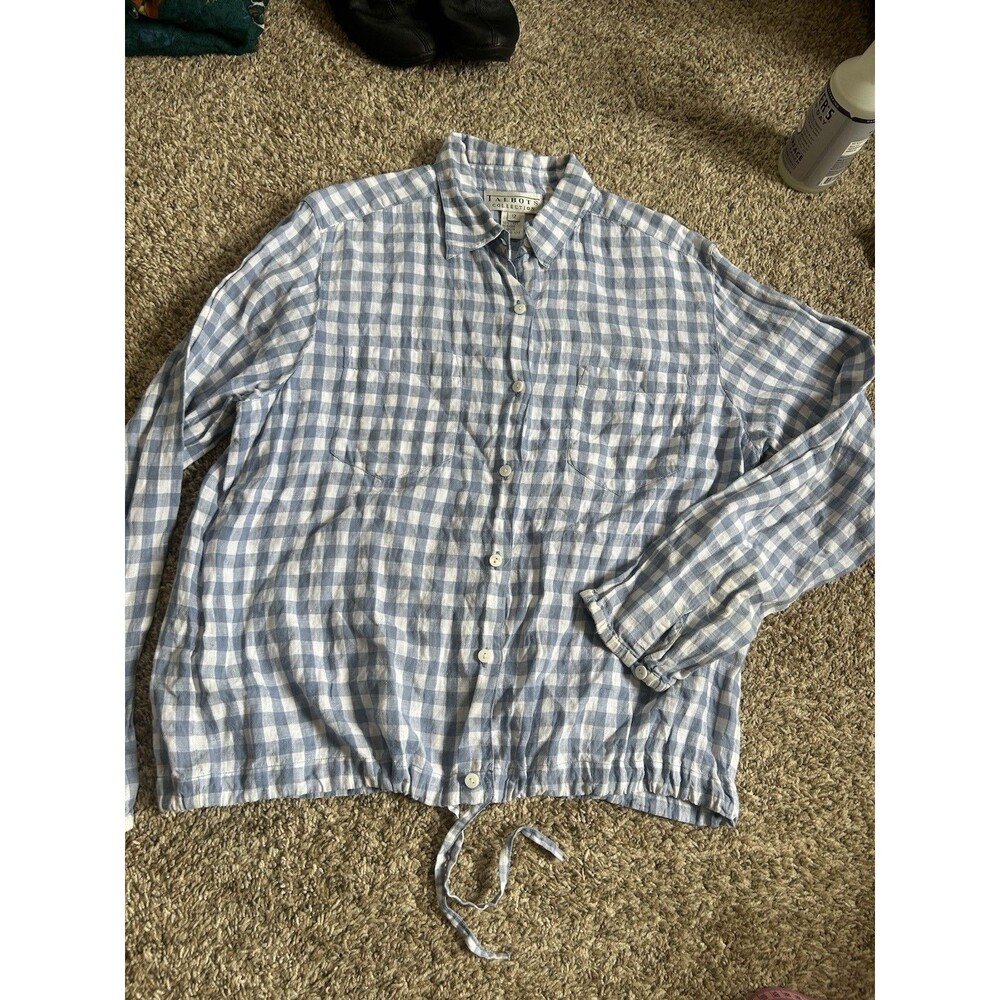 Talbots Top Women L Drawstring Blue Linen Gingham Plaid Long Sleeve Capsule VTG - Picture 6 of 12
